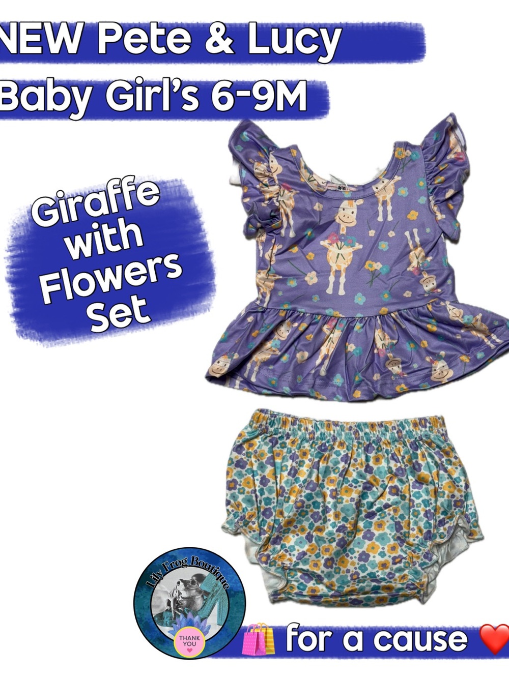 Pete & Lucy Baby Girl Giraffe w/ Flowers 2Piece Set - Purple & Multicolor